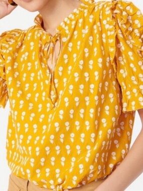 J. Crew Mustard Yellow Floral Tie-Neck Blouse